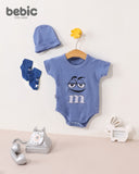Blue Bebic clothing featuring a playful M&M's design, showcasing vibrant blue fabric with fun, colorful candy graphics.
