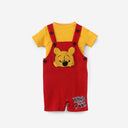 Baby Winnie Pooh dungaree set by Bebic, featuring a cute blue and yellow clothing outfit with cartoon Winnie Pooh characters.