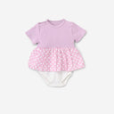 Lavender polka dot tutu-romper for babies, Bebic brand, soft fabric, with ruffled straps and playful polka dot pattern.