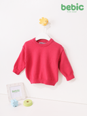 Bebic The Classic Raspberry Knit Sweater, cozy red knitted clothing with ribbed cuffs and neckline, perfect for casual wear.