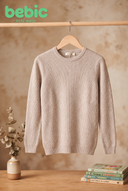 Bebic Classic Oatmeal Ribbed Sweater, cozy knit clothing with ribbed texture, long sleeves, and a relaxed fit.