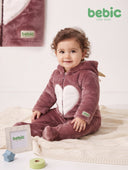 Bebic Cuddly Dino Romper for babies, soft fabric with dinosaur print, featuring a hood with plush spikes and snap closure.