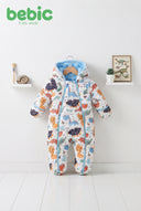 Baby wearing Bebic Dino Adventure padded snowsuit with hood and zipper closure, perfect for winter outdoor activities.