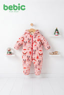 Bebic festive Santa and deer quilted snowsuit for children, featuring colorful holiday-themed winter clothing with cozy padding.
