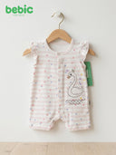 Baby girl wearing Bebic Royal Swan Stripe Romper with pink and white stripes, short sleeves, and snap buttons at the bottom.