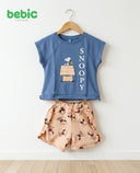 Bebic Snoopy fun summer clothing set featuring playful cartoon designs for kids, displayed on a flat layout.