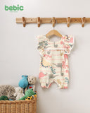 Bebic Dino Hello ruffle sallopette for babies, featuring playful dinosaur print and cute ruffle details on soft fabric.