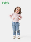 Bebic soft ribbed tee in neutral color, close-up of lightweight, fitted cotton fabric with ribbed texture for casual wear.
